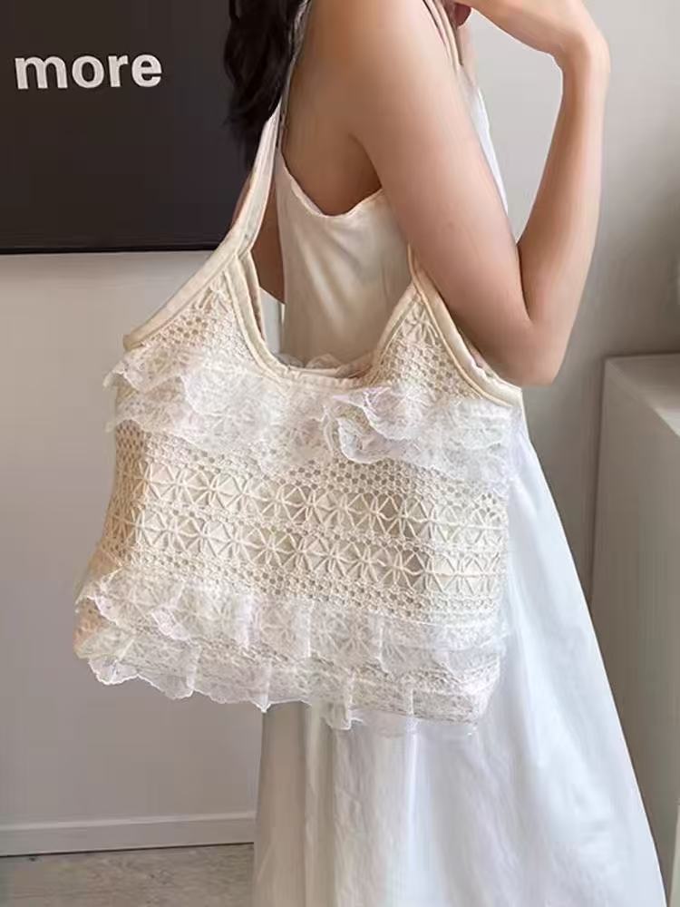 Lace Flowers Women Shoulder Bag Thin Polyester Ladies Shopping Handbags Solid Color Girs Book Bags Casual Female Travel Tote