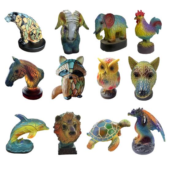 Animal Ornament Night Light Cat Lamp Stained Glass Resin Statue Decorative Desk Lamp Home Desktop Decor
