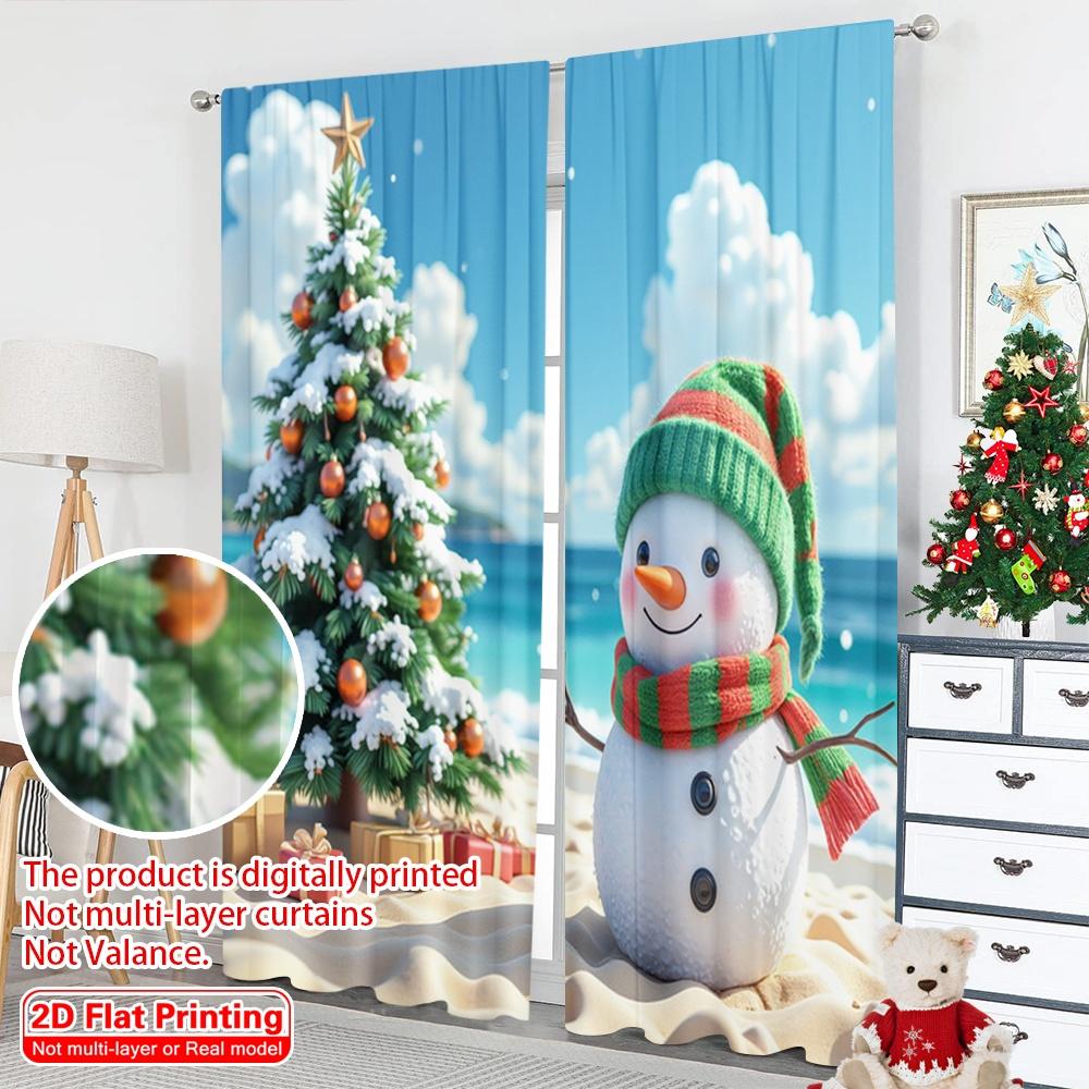 2pcs 2D Flat Printing Merry Christmas Curtain Snowman Christmas Beach Tropical Holiday 100% Polyester Without Electricity Spring