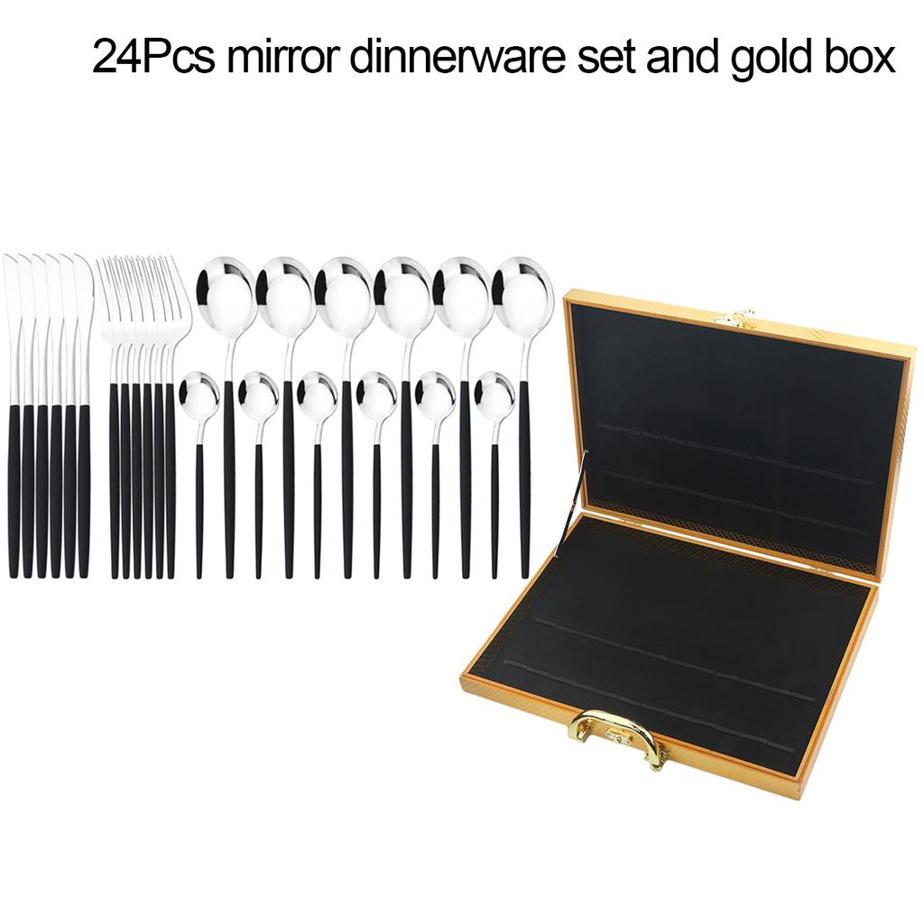 24Pcs Black Gold Dinnerware Set with Box Knives Fork Tea Spoon Cutlery Set Stainless Steel Silverware Tableware Kitchen Flatware