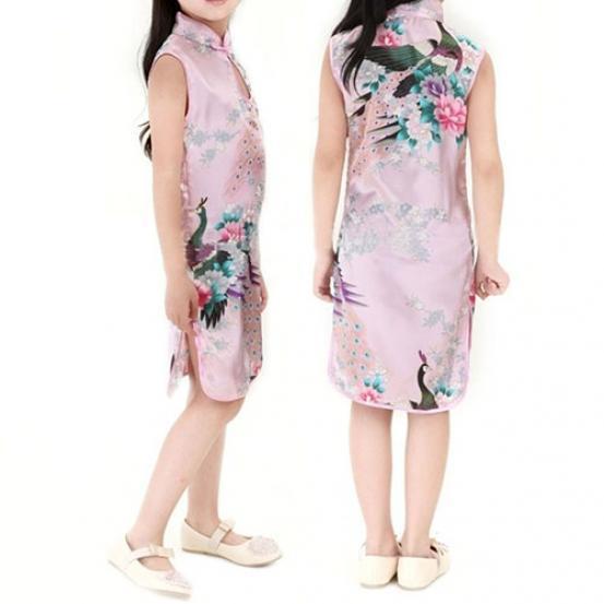 Elegant Children Girls Chinese Cheongsam Dress With Floral Peacock Pattern Sleeveless Summer Wear