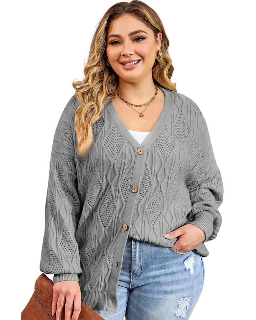 Azura Exchange Gray Plus Size Knitted Hollow Out Button Up Cardigan