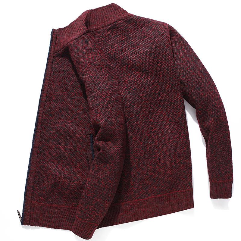 Men's Autumn/Winter Plus Velvet Zipper Knitted Cardigan Jacket with Stand Collar and Solid Color