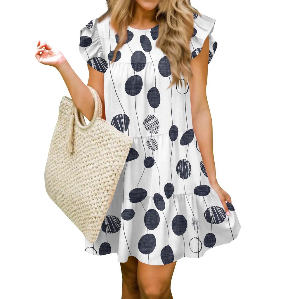 Женская мода лето повседневный О-образный вырез рукав оборки без рукавов струящаяся короткая туника платье