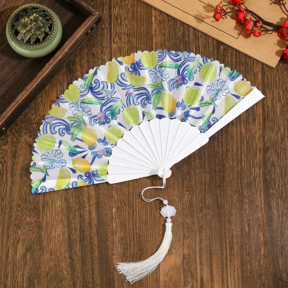 Fruit Pattern Handheld Fan Lemon Design Portable Fan Casual Fabric Tassel Fan Women