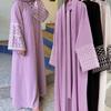 Elegant Embroidered Middle Eastern Muslim Tie-Up Cardigan Dress with Pockets