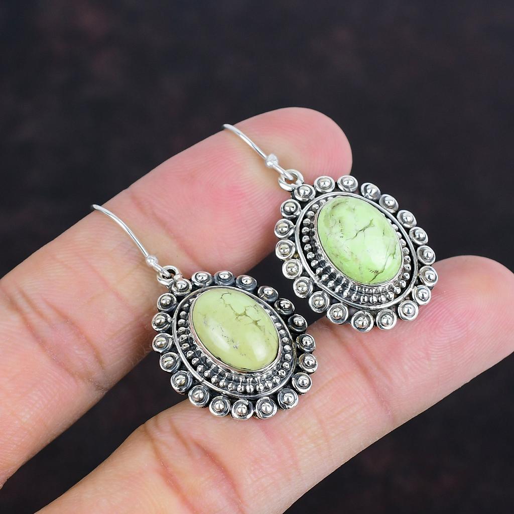 Серьги из лимонного хризопраза, винтажные серьги с драгоценными камнями, уникальные ювелирные изделия, серьги из стерлингового серебра 925 пробы, серьги ручной работы, серебряные ювелирные изделия, подарок для жены
