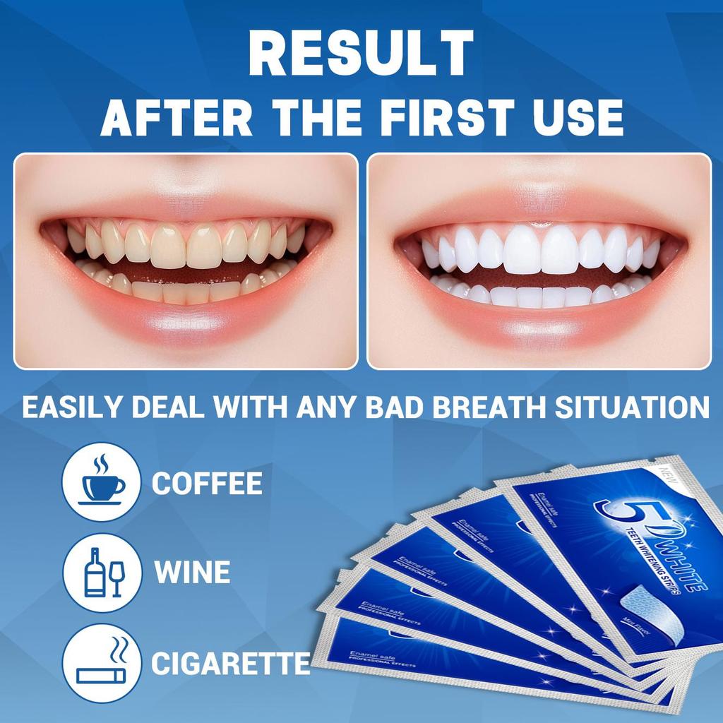 5D Отбеливающие полоски для зубов с технологией, безопасной для эмали, для чувствительных зубов - Эффективны против пятен от кофе и вина - Доступны в наборах по 7, 14 или 21 паре