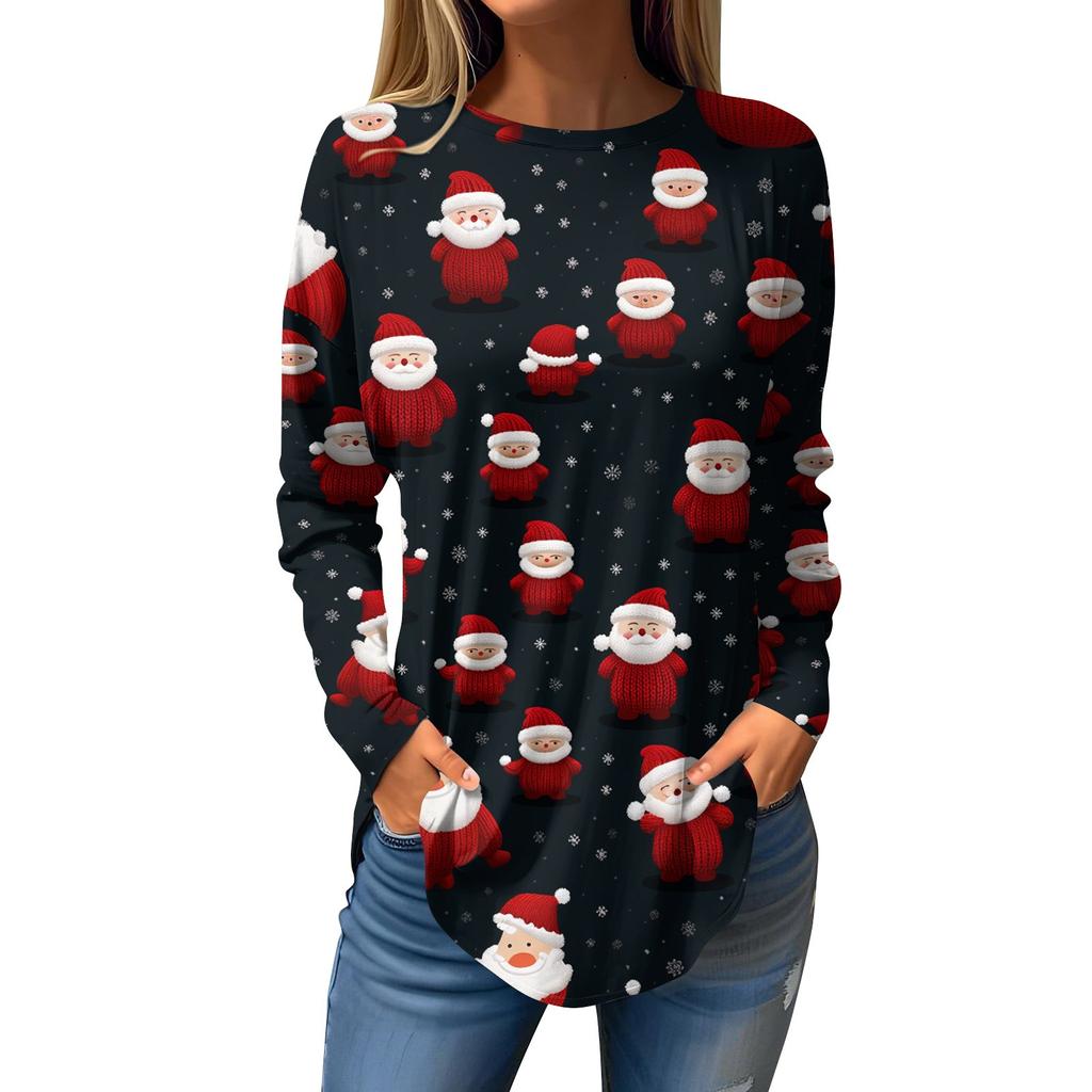 Женская свободная футболка с круглым вырезом и рождественским принтом, длинный рукав, пуловер, толстовка с длинными рукавами