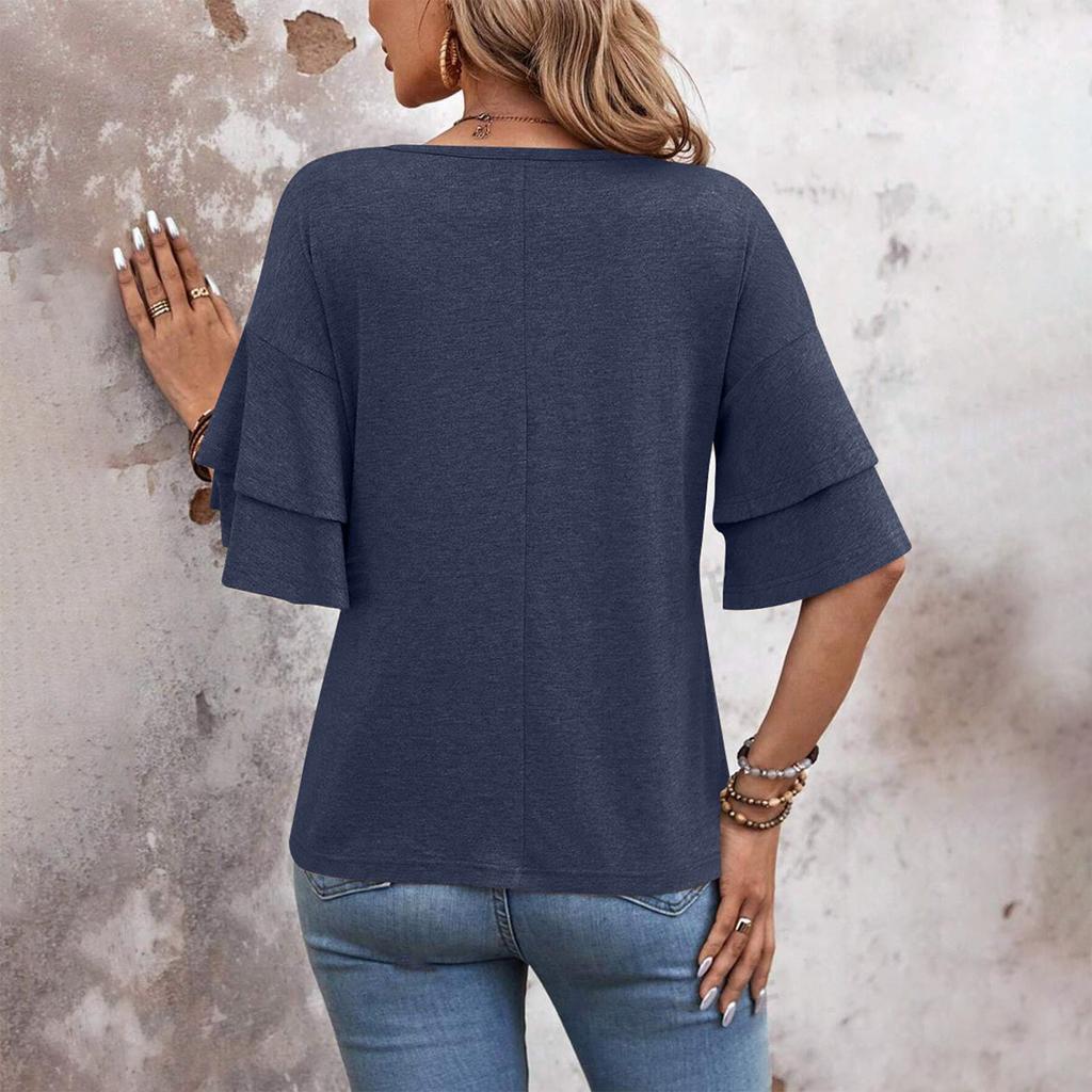 Модная и сексуальная женская двухслойная футболка с короткими рукавами и рюшами