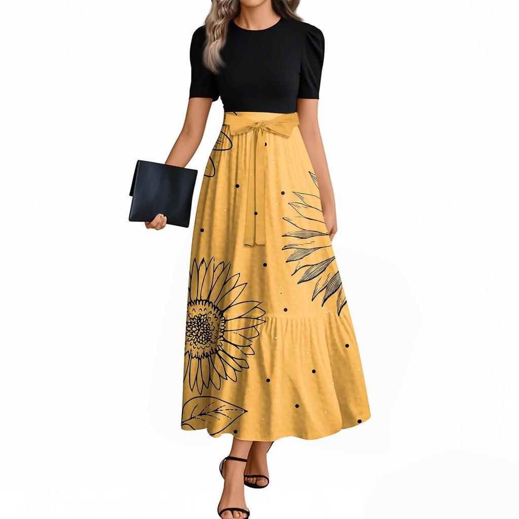 Женские модные повседневные платья с поясом, короткими рукавами и круглым вырезом, с принтом, элегантные, темпераментные