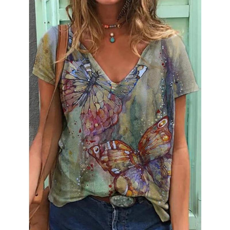 Summer Butterfly Dragonfly 3dV Neck Printed New Women's Top T-shirt
