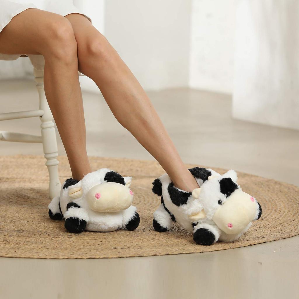 Onmygogo Fuzzy Plush Animal Slippers for Winter Indoor Slippers for Men and Women Sizes Adults, Warm, Comfortable, Non-Slip (Dairy Cow, 23-25cm)