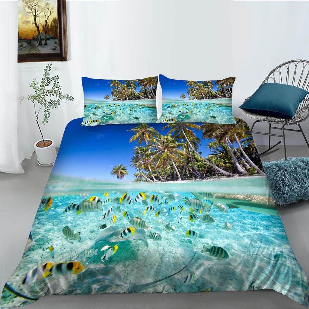 Постельное белье с рисунком 3D-пейзажа, односпальная двуспальная кровать, полноразмерная наволочка и пододеяльник, печать с изображением моря и растений, украшение дома из материала из микрофибры
