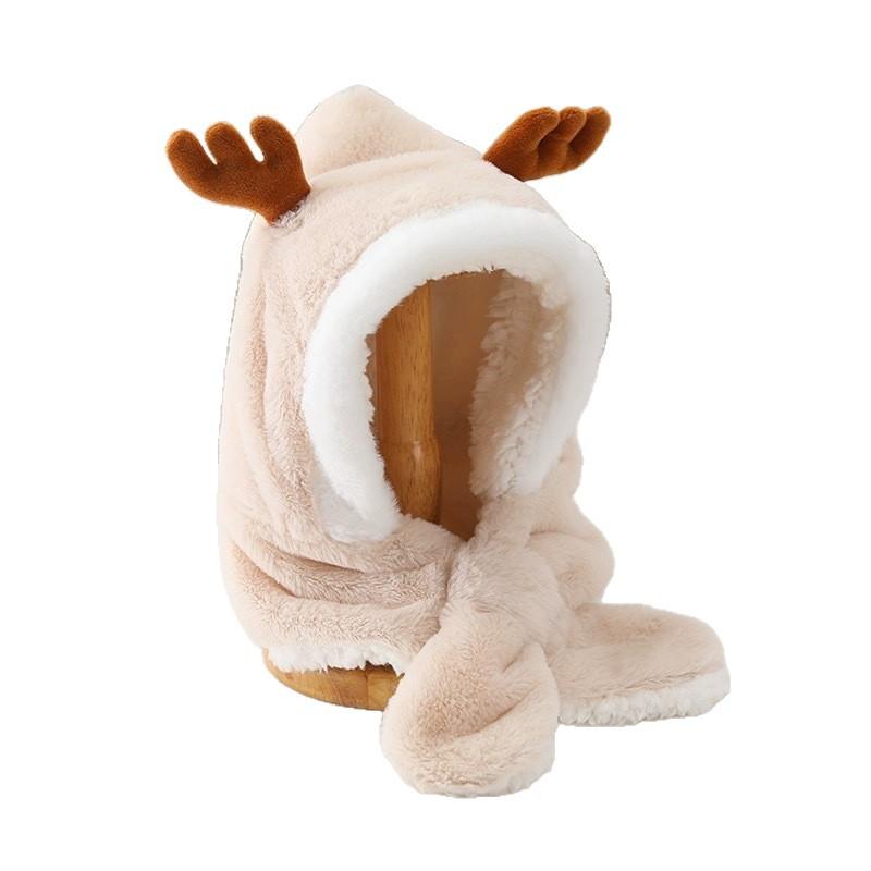 Children's plush hat and scarf combo for autumn and winter, unisex baby pullover hat, thickened cute cartoon deer ear protection hat