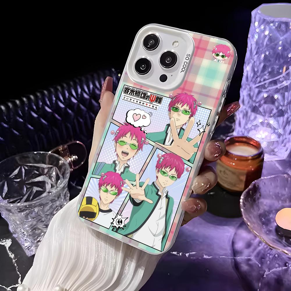 Чехол для телефона аниме S-Сайки Кусуо для iPhone 16 15 14 13 12 11 Pro Max Белый Матовый Лазерный Металлик Аврора Funda