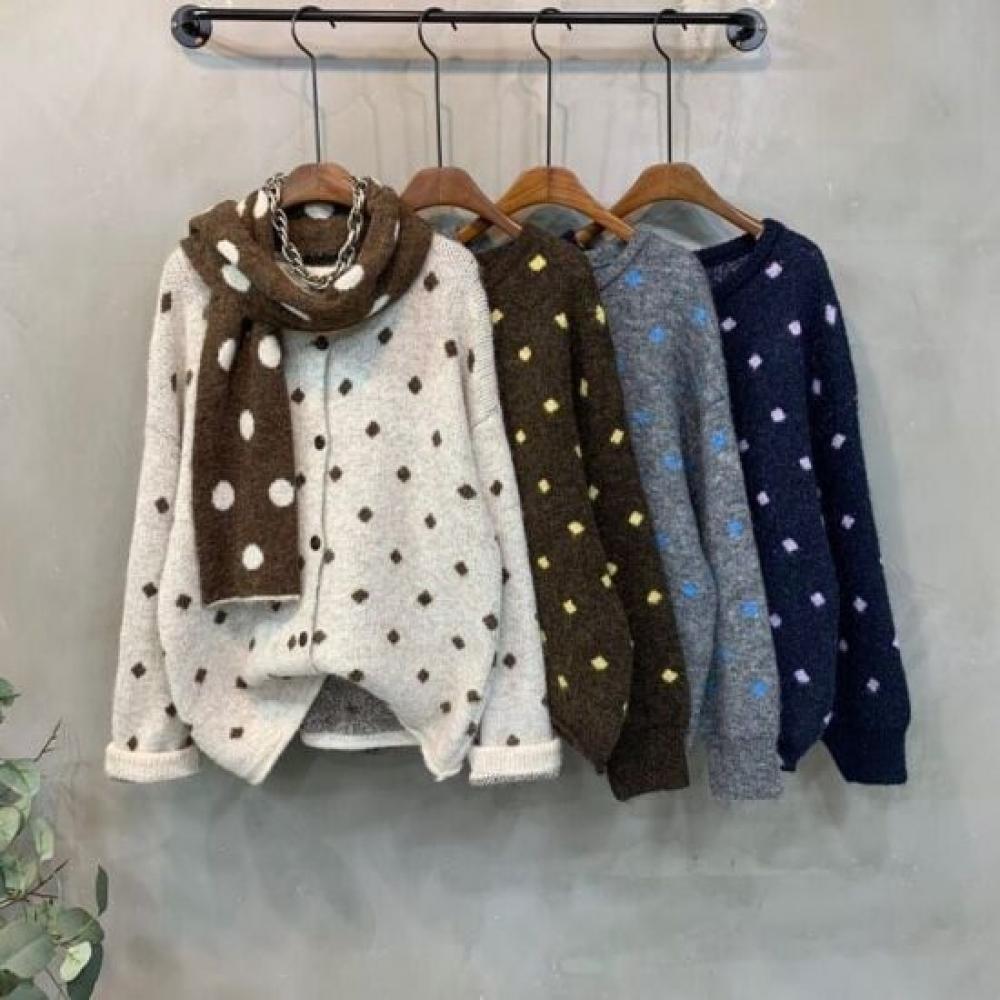 C S In The Room Wool Dot Pattern Long Sleeve Knit Cardigan SCarf Set 4Color