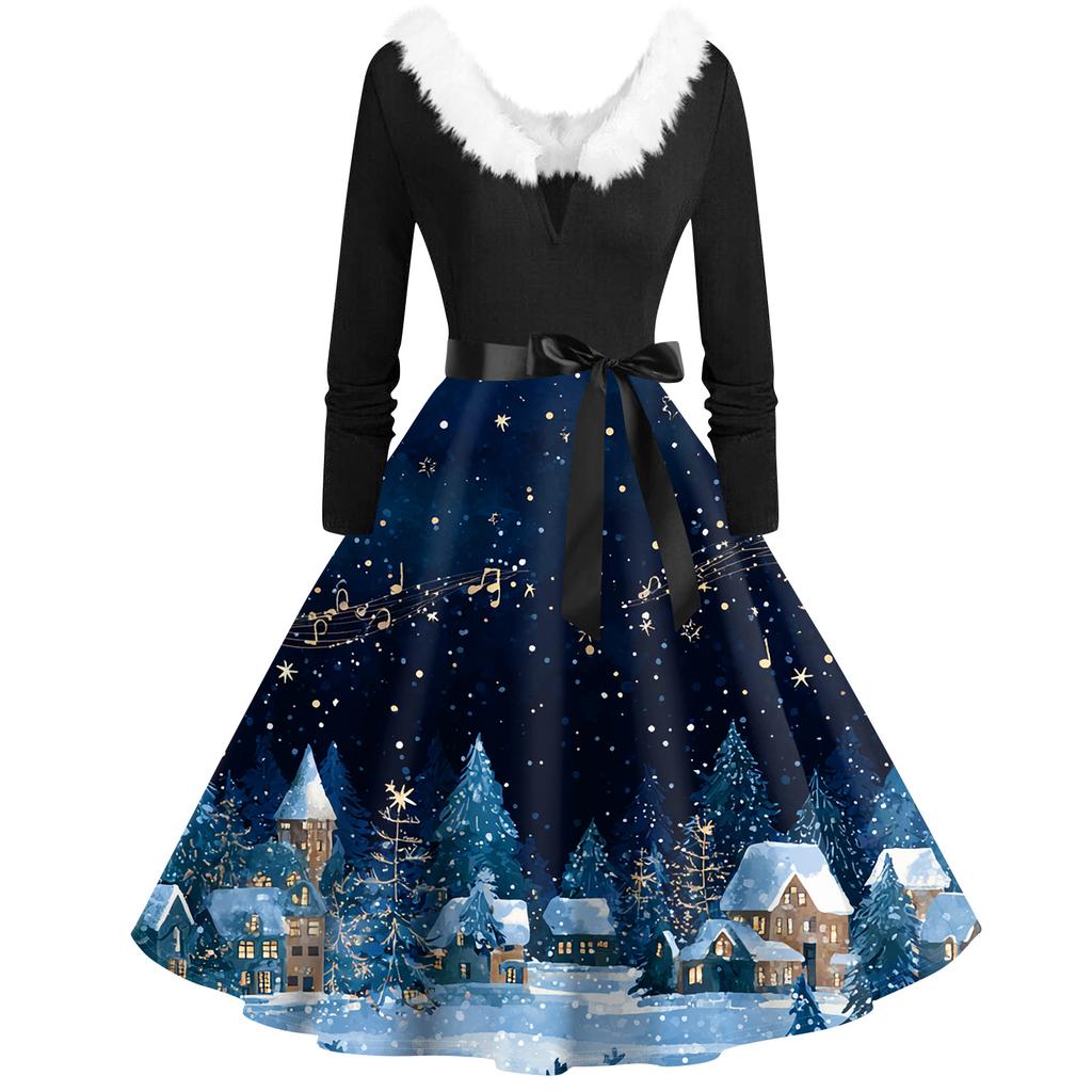 Женская мода с v-образным вырезом, повседневные тонкие рождественские платья с воротником из волос и длинными рукавами с принтом