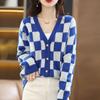 Свитер с v-образным вырезом, клетчатый кардиган, женский 2023, осенне-зимний повседневный свободный свитер с длинными рукавами, уникальный вязаный свитер, женский кардиган