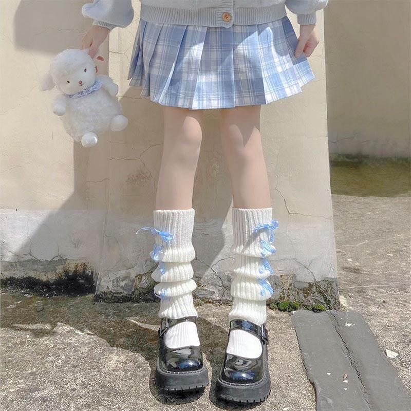 Japanese Lolita bow cute hairball knitted socks cover women's winter leg warmers stacking socks white jk socks