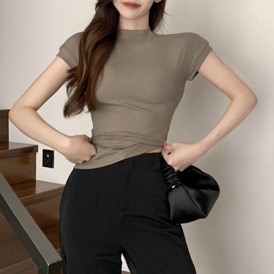 Женские топы с полувысоким воротником, короткими рукавами, приталенная футболка, однотонная