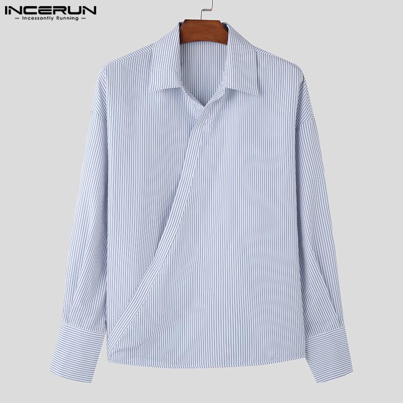 INCERUN Men Lapel Striped Front Cross Long Sleeve Shirts Loose Casual Tops