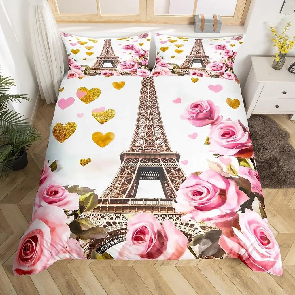 Винтажный комплект пододеяльника «Эйфелева башня» Современные 3D комплекты постельного белья на парижскую тематику Всемирно известный городской пейзаж Чехол для одеяла Чехол для стеганого одеяла