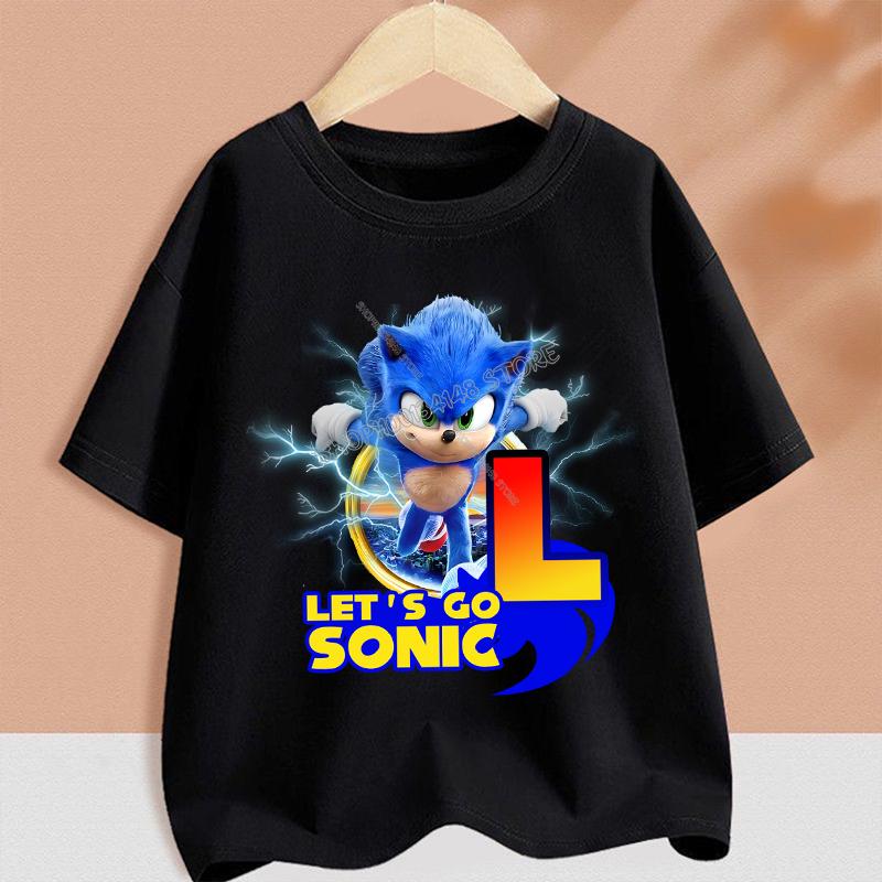 Sonics T-shirt for Children Cartoon A-Z Letter Tee Top Round Collar Clothing Summer Short Sleeve Kids Anime Partern Clothes Gift