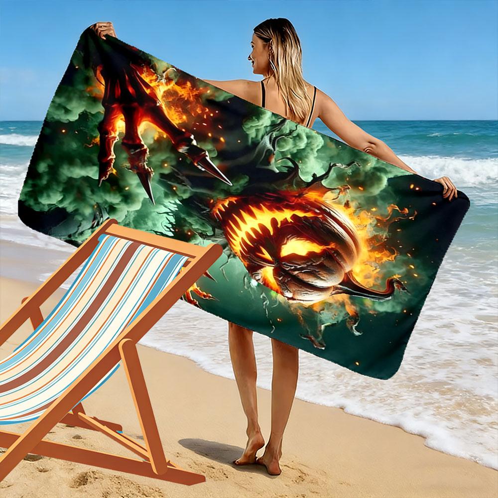 Fiery pumpkin's haunting glare Print beach towel, quick drying, suitable for travel, outdoor sports, jogging, the beach and swimming, gift
