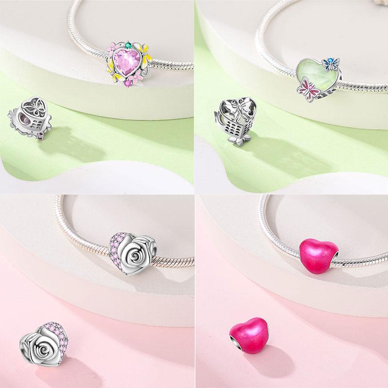 Медные Блестящие Розовые Подвески-Шармы в Форме Сердца Подходят для Оригинального Браслета для Женщин Ювелирные Изделия в Подарок на День Святого Валентина