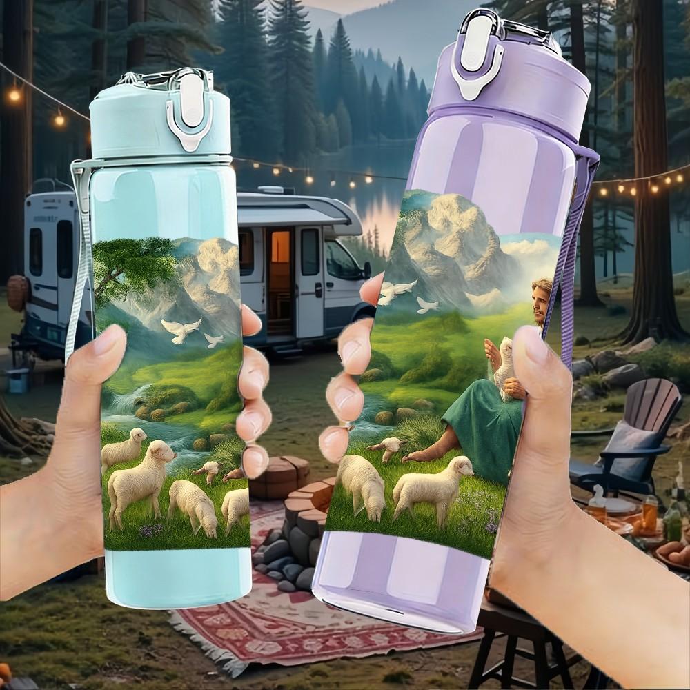 1PC Lady Sheep Pastoral Scene Art 750ml Color Plastic Sports Water Bottle Leakproof Flip Straw Lid For Sports Office Home Use