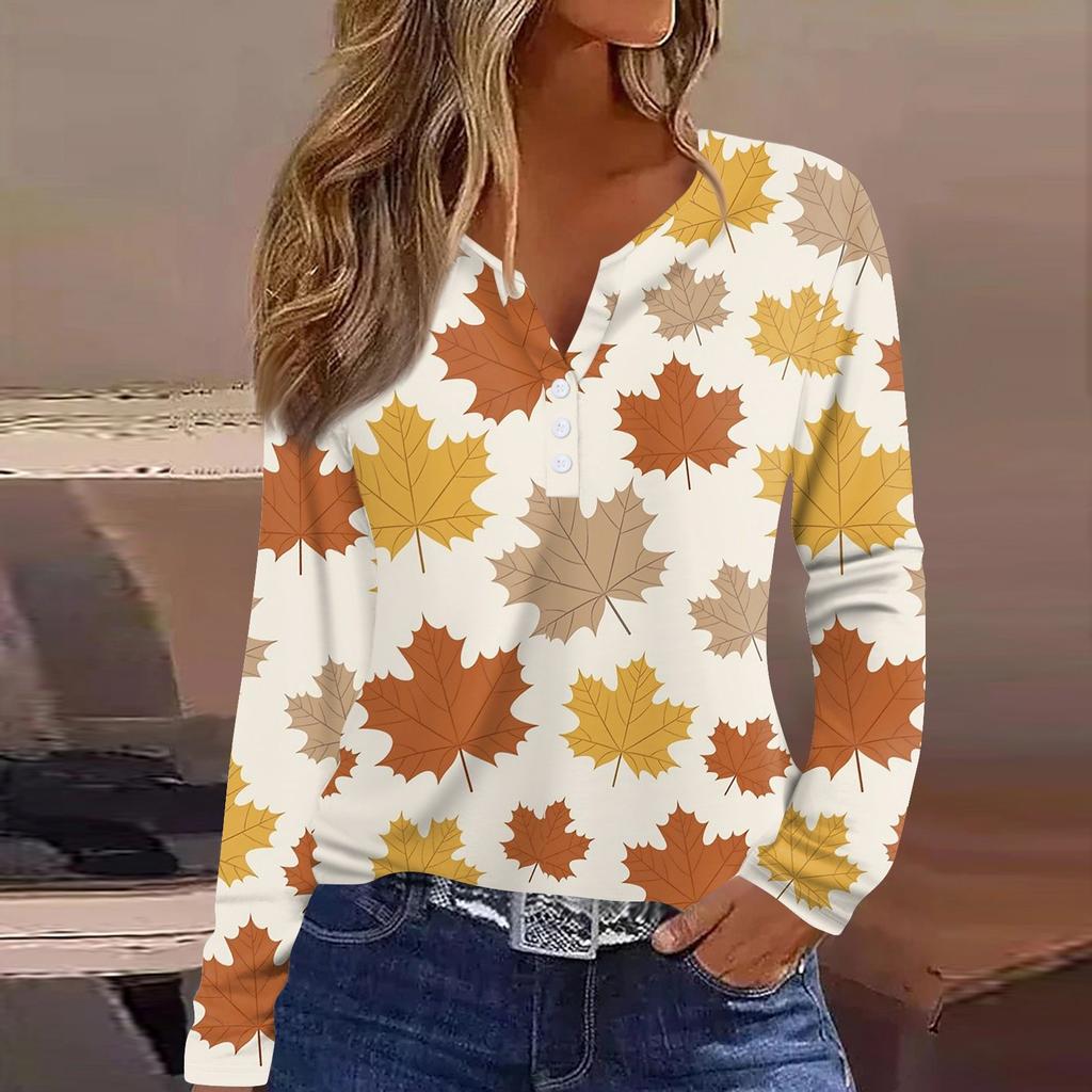 Жен. Футболка Футболка на пуговицах с длинным рукавом Повседневные Выходные Мода Классический Топ с v-образным вырезом Обычный