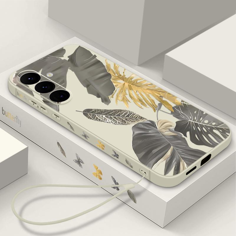 Силиконовый чехол для телефона с узором из увядших листьев для Samsung Galaxy A56 A17 A26 A16 A36 A55 A54 A53 A15 S24 S25 S25 S22 S23 Plus с шнурком, мягкий чехол