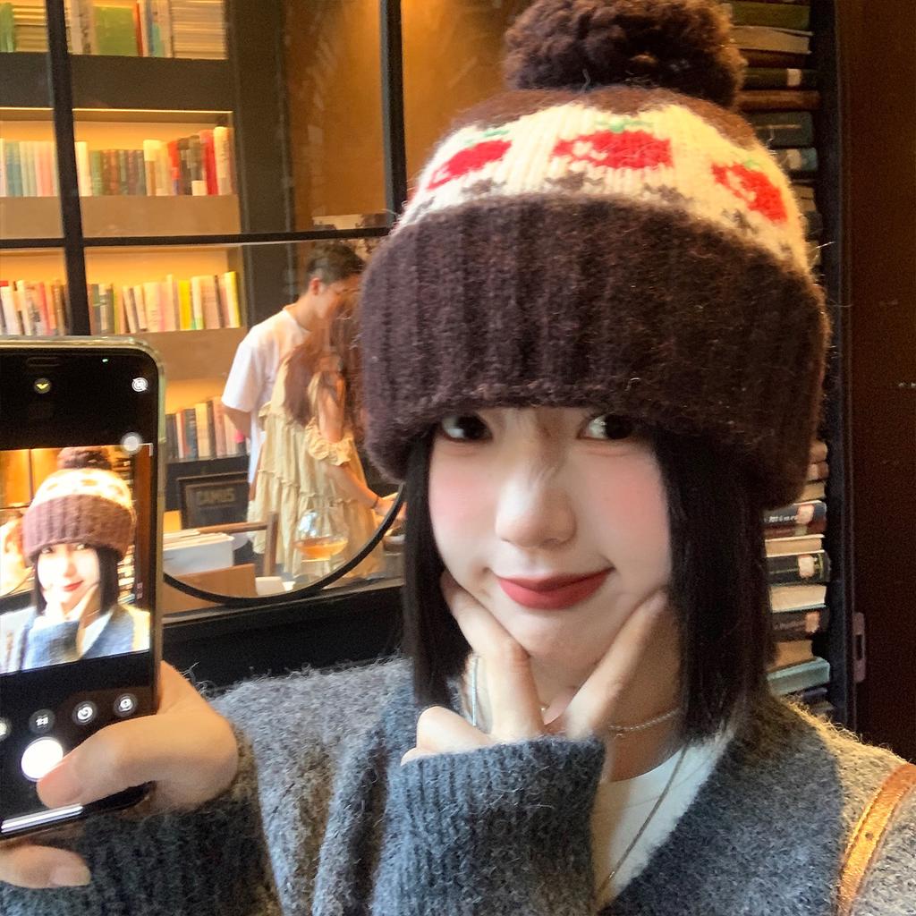 Fair Island hairball coffee-colored wool hat for women, warm in autumn and winter, thickened, small face, cold-proof, big head circumference, knitted