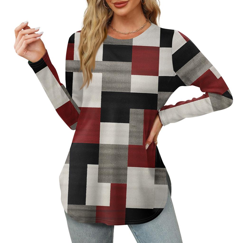 Женские рубашки с длинным рукавом и круглым вырезом, базовые свободные туники с боковым разрезом, повседневные рубашки с цветочным принтом