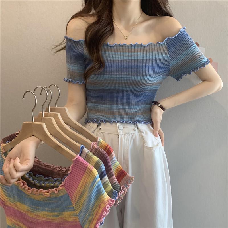 Летние трикотажные топы Wood Ear Edge Wild Color Striped с одним плечом и короткими рукавами, женские повседневные летние базовые вещи, комфорт и стиль, облегающие свитера, футболки