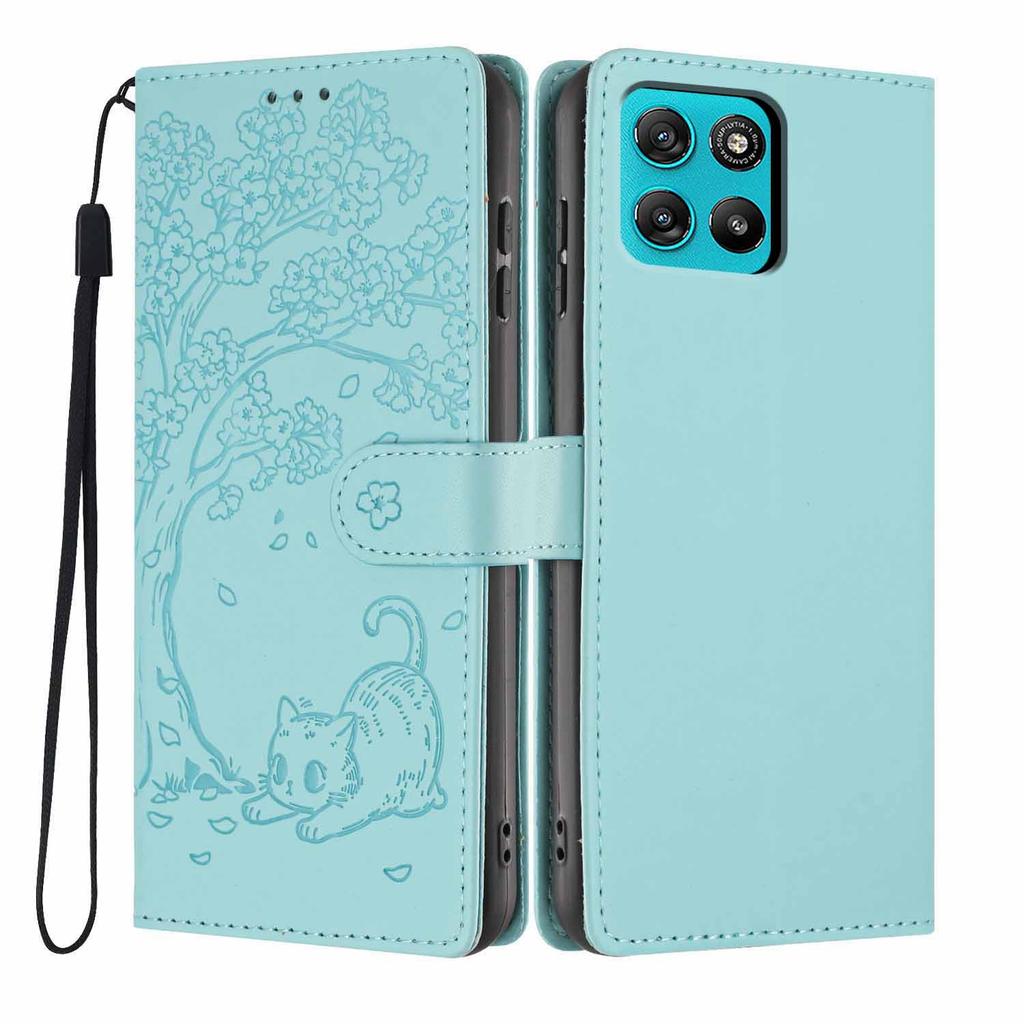 For Motorola Moto G67 Power 5G/G57 Power 5G Stand Case Tree-and-Cat Pattern PU Leather Wallet Protective Phone Cover with Wrist Strap