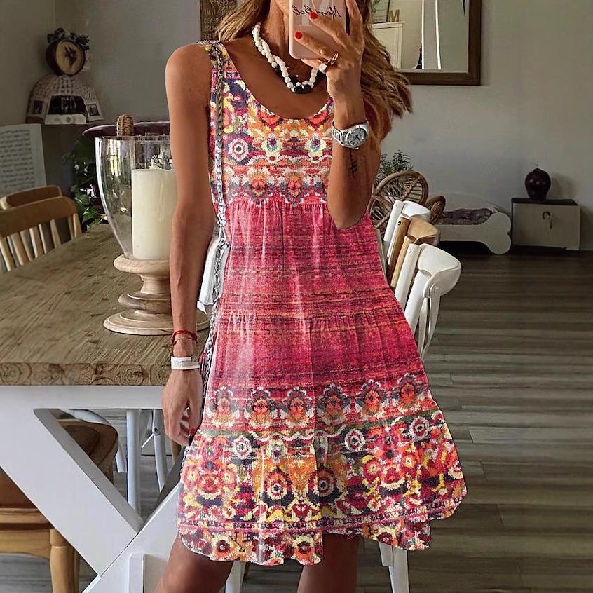 Women's Spring and Summer Casual Fashion Floral Print Loose Round Neck Sleeveless Bobbin Mid-length Dresses