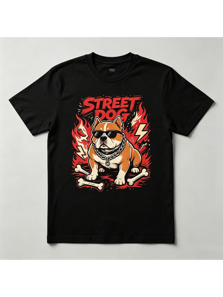 Unisex Street Dog Bully Dog Graphic TShirt Retro Flame Streetwear Print Short Sleeve Crewneck Tees Casual Black Cotton Tops For Men Women Pet Lover G