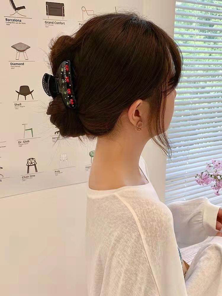 Женская милая французская ретро заколка-акула из ацетата вишневого цвета со стразами, бесшовная заколка-краб, женский зажим для волос, головной убор