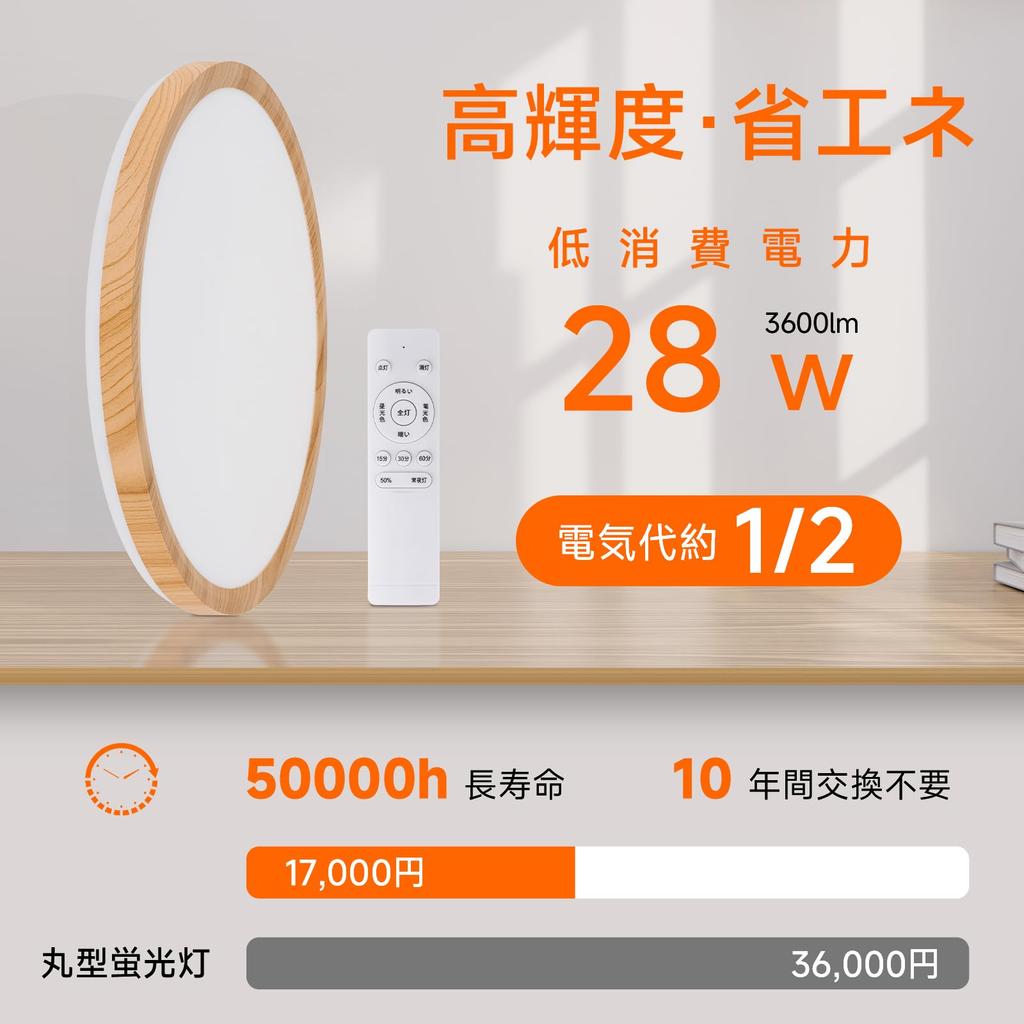 Pufier LED Ceiling Light, 30W, for rooms 6-8 tatami mats (approx. 10.5-22.5 sq ft), Thin, Dimmable, Color-Adjustable, Japanese-Style Wood Grain