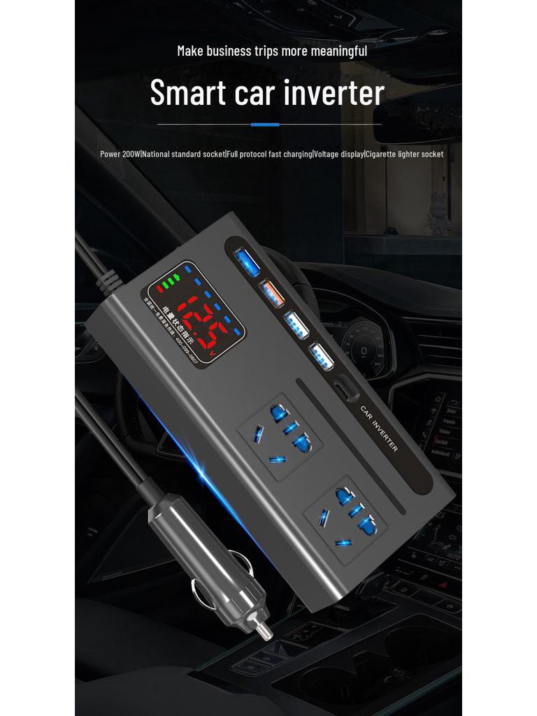 Car and Truck Inverter: 12V/24V To 220V Converter with USB and Fast Charging Ports.