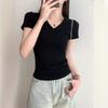 Simple Solid Color V-neck Front Shoulder Short-sleeved T-shirt for Women's Summer New Slim Fit Basic Student Top