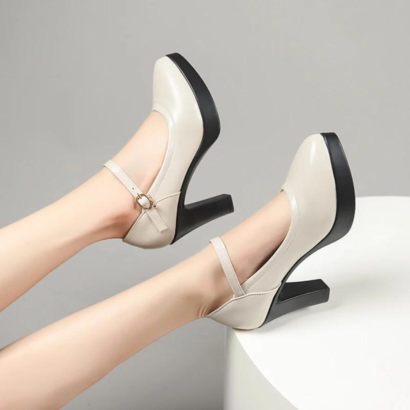 Женские туфли-лодочки на платформе и высоком каблуке 2024 года, весна, новые модные черные туфли с пряжкой, женские туфли из искусственной кожи с острым носком