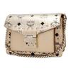 MCM Gold Visetos Leather Studded Flap Crossbody Bag with Silver Hardware for Daily Use