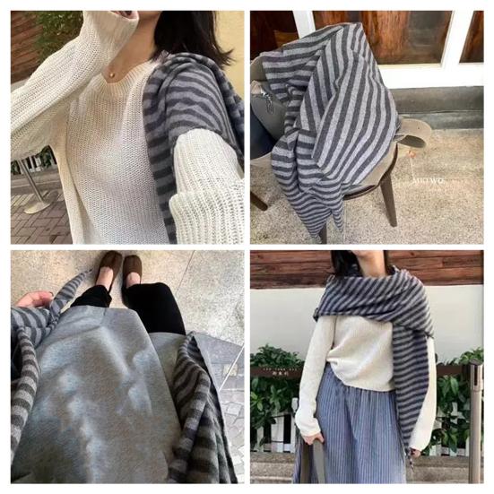 Women Knitted Shawl Wrap Scarf Striped Design Soft Imitation Wool Cashmere Cape Cardigan Shawl Coat Blanket