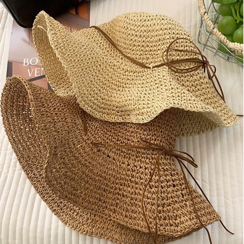 Large Brim Seaside Sun Hat Straw Woven Bow Panama Hat Summer Beach Fisherman Hat
