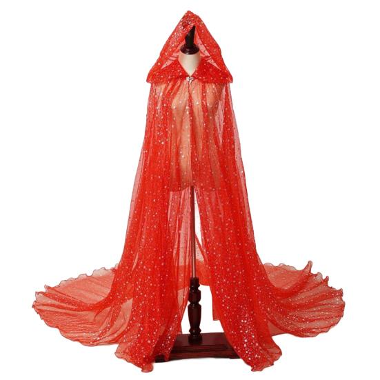 Women Tulle Hooded Cape with Long Train Sparkling Long Sheer Elf Cloak Gothic Witch Robe Costume for Wedding Bride Halloween Cosplay