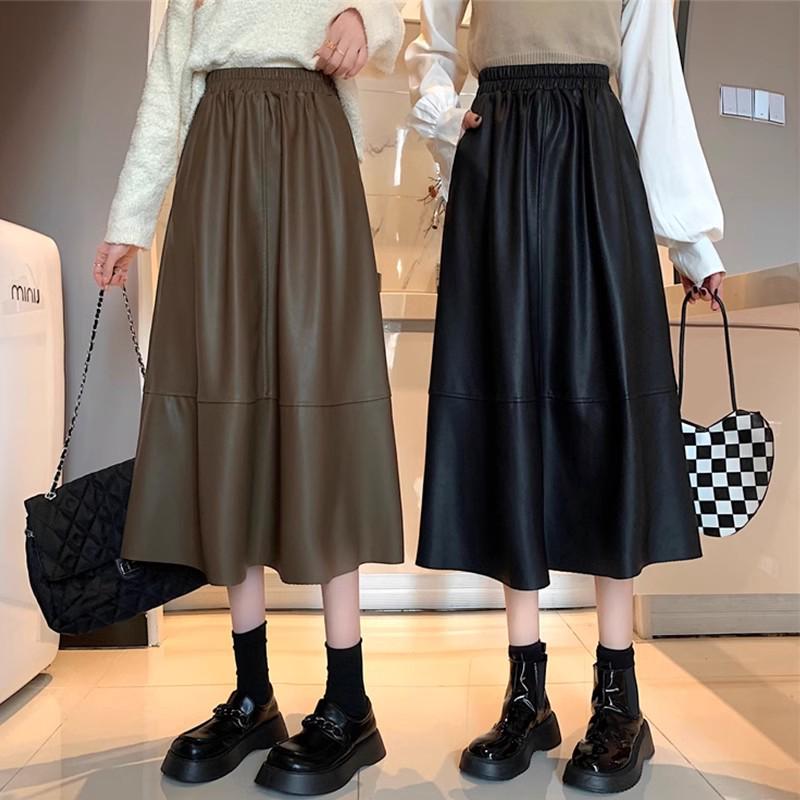 2024 High Waist A-line Leather Midi Skirt for Women - Autumn/Winter Slimming Umbrella Skirt