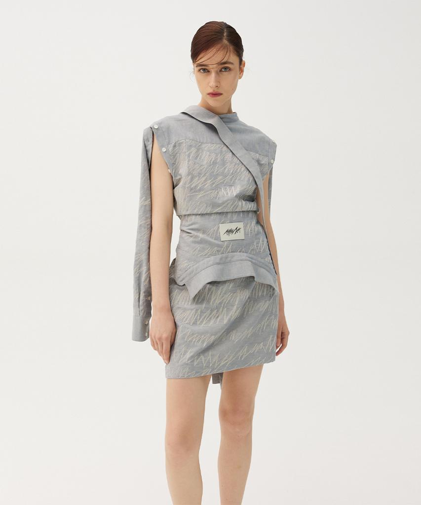 Meuameu Denim Stitch Off-Sleeve Tied Shirt
